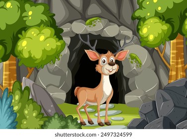 A deer stands in front of a cave
