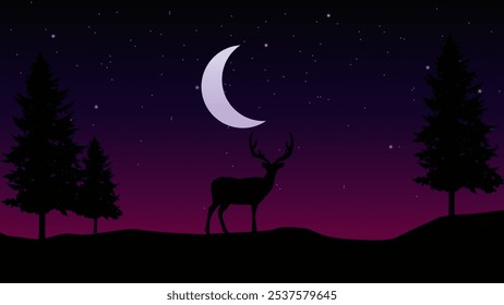 the deer stands at night, lit by the moon, stars and pine trees