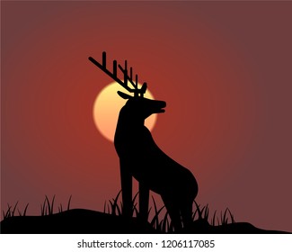 Deer stands on a mountain area at sunset. Cloven-hoofed animal. Vector illustration