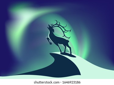 Deer stands on a rock on a background of the northern lights.
