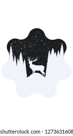 Deer - starry night, spruce forest - icon black and white - isolated - vector