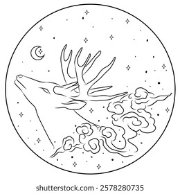 Deer with stars and moon. Mystical hand drawn vector illustration isolated on white for greeting card, tattoo