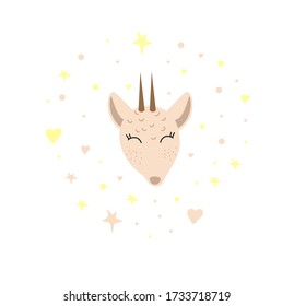 Deer with stars on a white background. Doodle style. Wild animal. Cartoon character. Deer in cartoon style. Vector isolated illustration with an animal. Printing on mugs, postcards, and tableware.