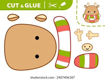Deer in stripped scarf. Cut and glue. Kawaii deer. Squishmallow. Applique. Paper education game. Kawaii, cartoon. Isolated vector illustration eps 10