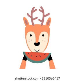 Deer with summer costume . Wildlife animals . Vector illustration .