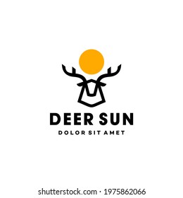 deer and sun line logo icon vector design, geometric buck with stag or horn