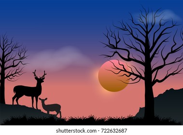 Deer and sunset, autumn season nature landscape vector background