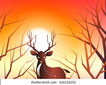 deer and sunset and branch at evening