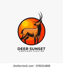 Deer sunset logo design vector illustration flat color