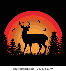 Deer sunset retro. design, Streetwear T-shirt Designs Artwork Set, Graffiti Vector Collection for Apparel and Clothing Print.