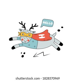 Deer superhero in funny comic costumes. Vector hand-drawn illustration with an animal on white background. Can be used for greeting card, nursery, poster.