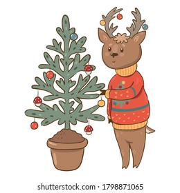 Deer in a sweater decorates a Christmas tree isolate on a white background. Vector graphics