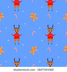 A deer in a sweater and a gingerbread man. Christmas and New Year's seamless pattern