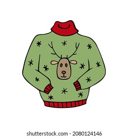 Deer sweater, isolated on white background. Vector hand drawn, illustration in Doodle style.