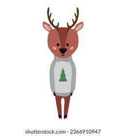 Deer in a sweater. Isolated on white background. Vector illustration
