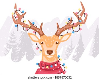 Deer in sweater. New Year, Christmas Holiday. Winter forest background. Funny cute cartoon character for kids. Realistic design. Vector illustration. Flat eps10. Gerland lights on the horns.
