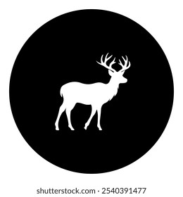 A deer symbol in the center. Isolated white symbol in black circle. Vector illustration on white background