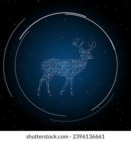 The deer symbol filled with white dots. Pointillism style. Some dots is pink. Vector illustration on blue background with stars