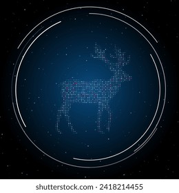 The deer symbol filled with white dots. Pointillism style. Some dots is pink. Vector illustration on blue background with stars