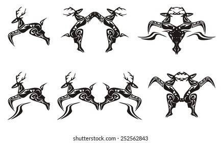 Deer symbols. Tribal ornate deer symbols in jump 