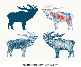 Deer tattoo. collection line art.  Symbol of tourism, meditation, adventures. Reindeer  tattoo and t-shirt design, tribal style 