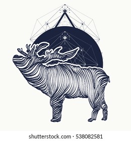 Deer tattoo, geometrical style, graphics. Adventure, travel, outdoors, symbol, t-shirt design boho style line art and dotwork 