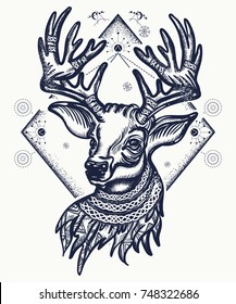 Deer tattoo and t-shirt design. Christmas reindeer. Symbol of winter, new year 