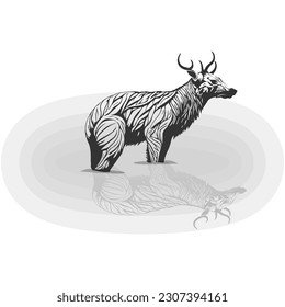 Deer and their reflections on a puddle of water
