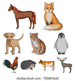 Deer, tiger, cow, cat, rooster, owl and other animal species.Animals set collection icons in cartoon style vector symbol stock illustration web.