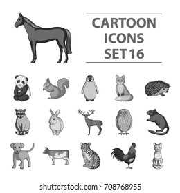 Deer, tiger, cow, cat, rooster, owl and other animal species.Animals set collection icons in monochrome style vector symbol stock illustration web.