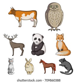 Deer, tiger, cow, cat, rooster, owl and other animal species.Animals set collection icons in cartoon style vector symbol stock illustration web.