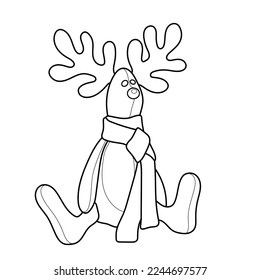 Deer toy with a scarf. Black and white vector image. Coloring.