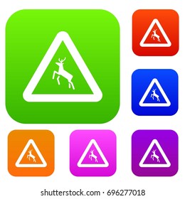 Deer traffic warning sign set icon in different colors isolated vector illustration. Premium collection