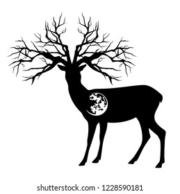 deer with tree branches antlers and moon - wild forest spirit black and white vector silhouette design