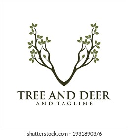 Deer Tree Leaves Forest Logo Vector icon, Deer leaf antlers logo design.