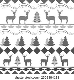 Deer and tree pattern for northern apparel. Fashion background design. Horizontal ornament. Modern stylish abstract texture. Monochrome template for prints, textiles, wrapping. Vector illustration
