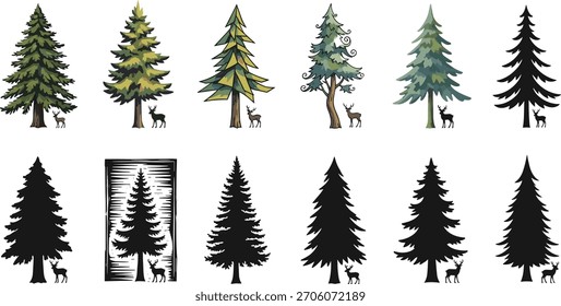 Ciervos con siluetas de árboles colección, coníferas, pino, ciprés, estilizado, xilografía, naturaleza, Ilustración vectorial de vida silvestre para proyectos de diseño, decorativos, creativos, artísticos