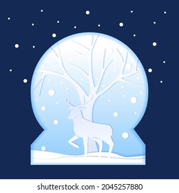 Árbol de ciervos en Globe de Nieve Estilo de corte de papel de invierno Ilustración