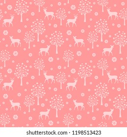 Deer, trees, snowflakes. Seamless winter pattern. Monochrome texture.
