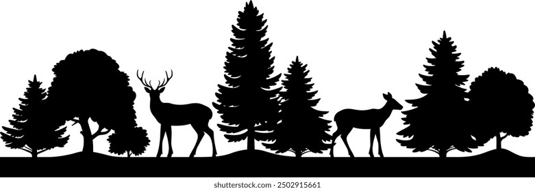 Deer, trees and spruce seamless border. Forest wildlife black silhouette illustration on white background. Wild nature graphic landscape. Horizontal banner with animals. Not merged, separate elements.