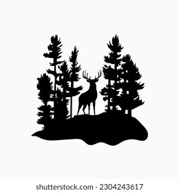 Deer and trees wood land silhouette illustration design template