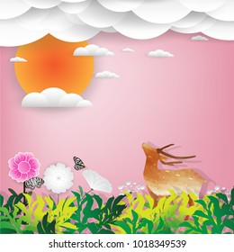  deer and tropical floral with  Cloud and sun on pink sky background spring summer collection, landscape ,vector illustration eps 10