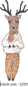 A deer in trousers, sweater and scarf on a white background. Vector.