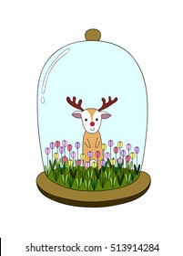 Deer in tulips garden in glass dome, hand drawn doodle cartoon, isolated on white background.
