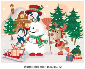 deer and two penguins on a winter street before Christmas and New Year make a snowman and enjoy the upcoming holidays and gifts,