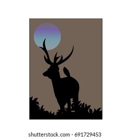 deer under the blue moon, hand dawn vector illustration.