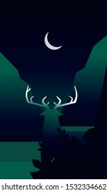 deer under the moon in the lake scenery flat illustration vector design