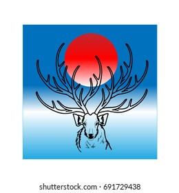 deer under the red moon, hand dawn vector illustration.