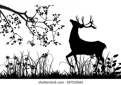 Deer under tree black silhouette isolated on white