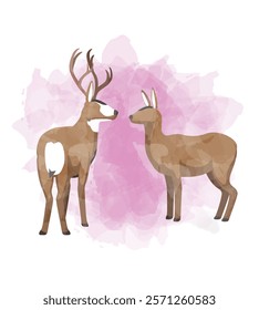 Deer Valentine Day Animal Symbol of Love Postcard Watercolor Vector Illustration